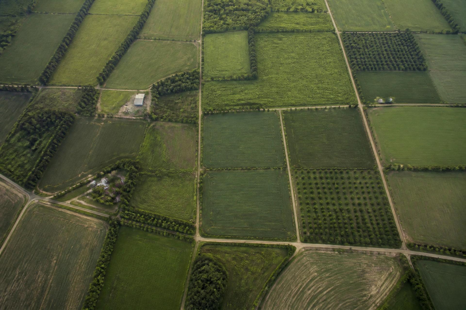 Vista aérea de um território rural dividido por limites de propriedade
